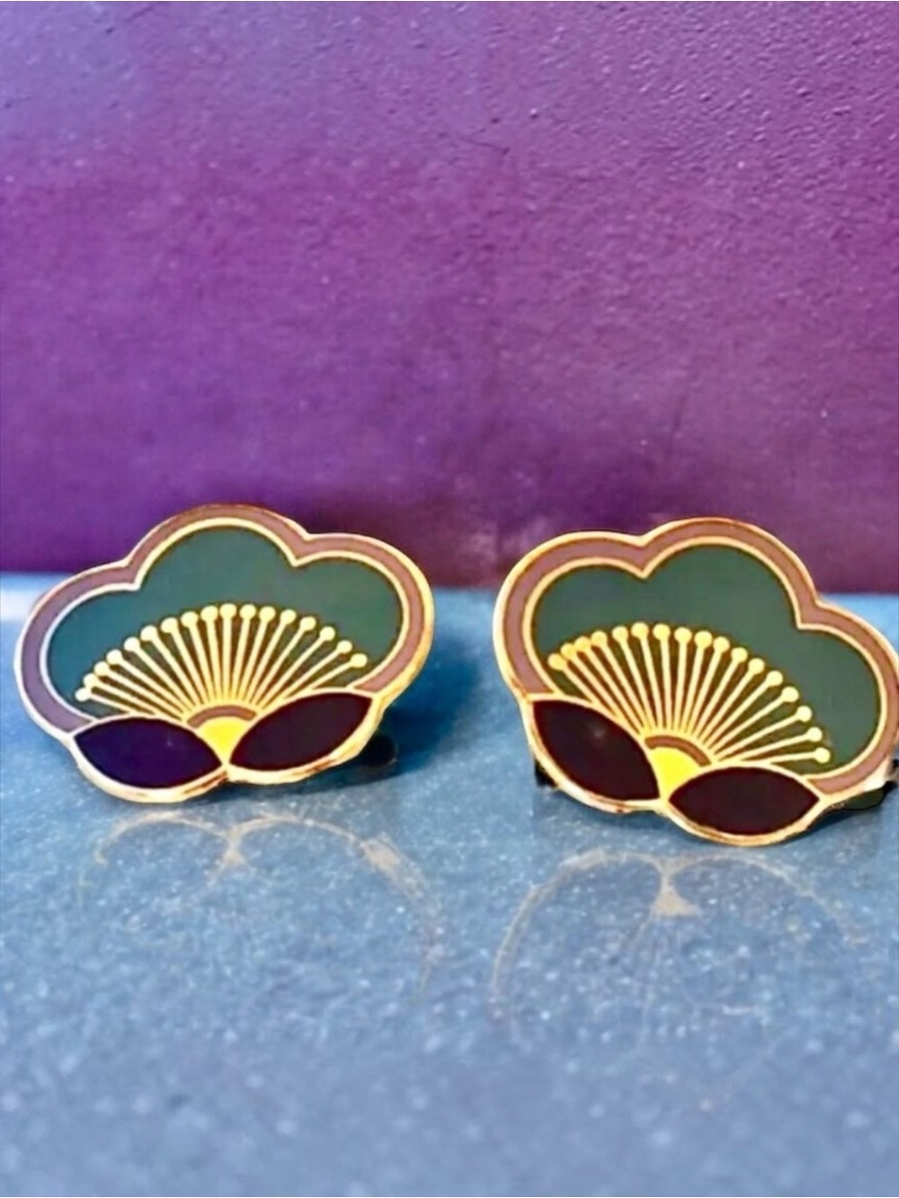 Laurel Burch Clip-On Enamel Earrings Plum Blossom Signed Vintage